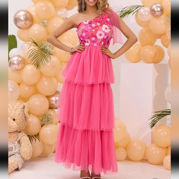 Embroidered Layered Single Shoulder Midi Dress - Picture 1 of 4